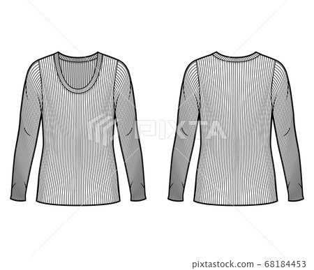 Ribbed scoop neck knit sweater technical fashion illustration with long sleeves, oversized body, tunic length. Ribbed scoop neck knit sweater technical fashion illustration with long sleeves, oversized body, tunic length. 68184453