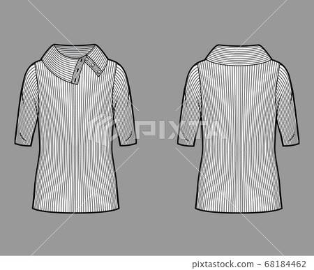 Wide button-up turtleneck ribbed-knit sweater technical fashion illustration with elbow sleeves, close-fitting shape Wide button-up turtleneck ribbed-knit sweater technical fashion illustration with elbow sleeves, close-fitting shape 68184462