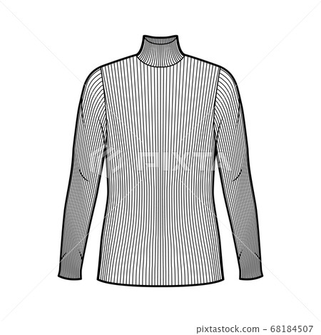 Turtleneck ribbed-knit sweater technical fashion illustration with long sleeves, oversized body, tunic length.  68184507