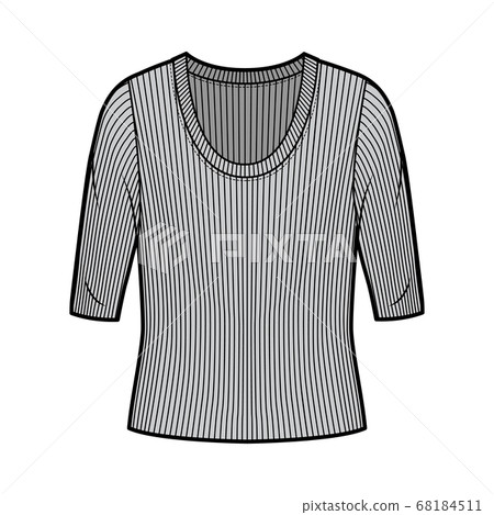 Ribbed scoop neck knit sweater technical fashion illustration with elbow sleeves, oversized body.  68184511