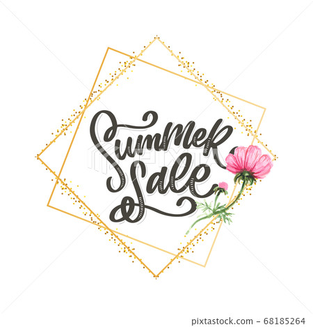 Trendy floral vector template. Summer flowers and Summer sale lettering illustration. Shabby gold texture on striped background. 68185264