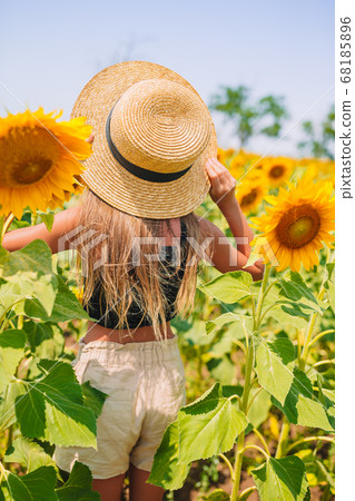 Young girl enjoying nature on the field of sunflowers. 68185896