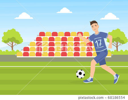 Teenage Boy Kicking a Soccer Ball, Guy Doing Physical Activity Outdoors Vector Illustration 68186554