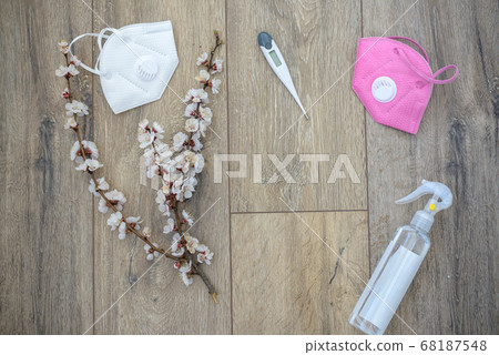 blooming cherry branch with disinfection liquid blooming cherry branch with disinfection liquid 68187548