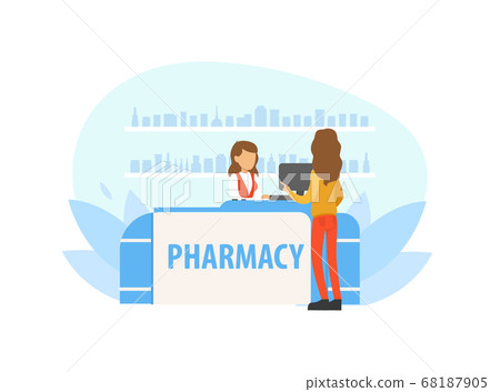 Young Woman Buying Medicine in Pharmacy, Female Pharmacist Standing Behind Counter Vector Illustration 68187905