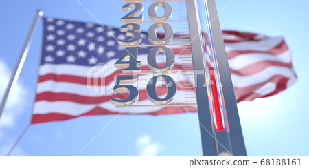Minus 40 degrees centigrade on a thermometer measuring near flag of the USA. Very cold weather forecast related 3D rendering 68188161