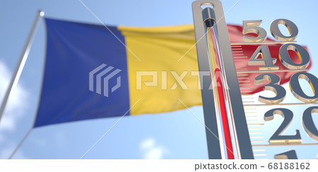 Thermometer shows high air temperature against blurred flag of Romania. Hot weather forecast related 3D rendering 68188162