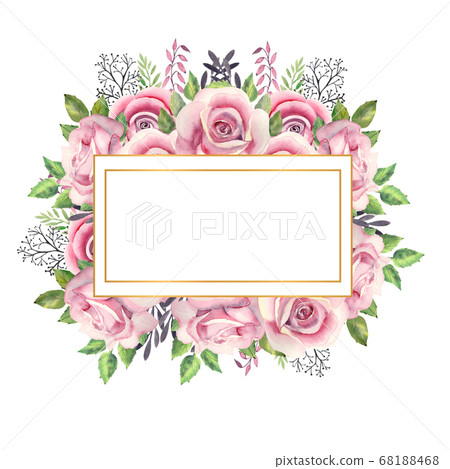 Pink rose flowers, green leaves, berries in a gold geometric frame. Wedding concept with flowers. Watercolor compositions for the decoration of greeting cards or invitations Pink rose flowers, green leaves, berries in a gold geometric frame. Wedding concept with flowers. Watercolor compositions for the decoration of greeting cards or invitations 68188468