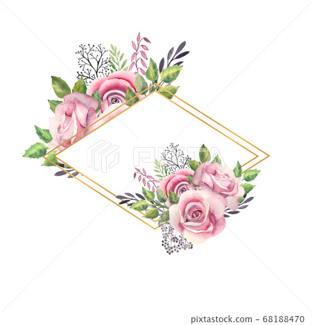 Pink rose flowers, green leaves, berries in a gold geometric frame. Wedding concept with flowers. Watercolor compositions for the decoration of greeting cards or invitations 68188470