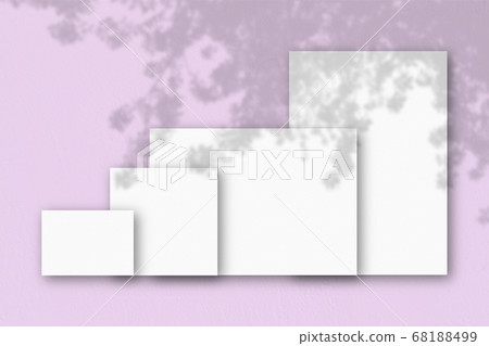 Several horizontal and vertical sheets of white textured paper against a pink wall background. Mockup with an overlay of plant shadows. Natural light casts shadows from a tropical plant Several horizontal and vertical sheets of white textured paper against a pink wall background. Mockup with an overlay of plant shadows. Natural light casts shadows from a tropical plant 68188499