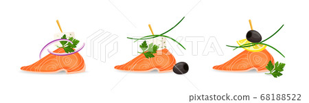 Colorful vector illustration of tasty salmon canapes with parsley, leek, onion, olive, cheese and lemon isolated on white. Famous food festivals. Rakfisk festival 68188522