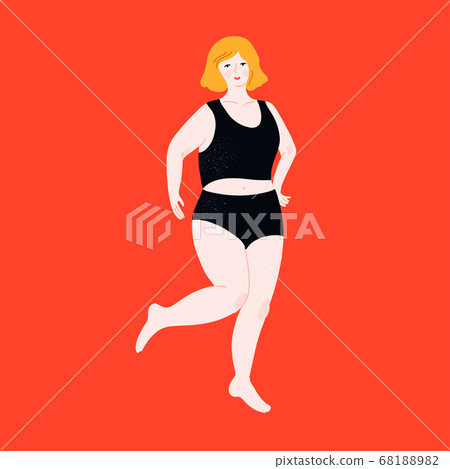Beautiful plus size woman in swimsuit. Body positive dancing girl in black top and hipster pants. Curvy female flat vector illustration on orange background. 68188982