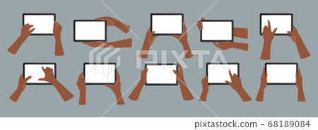 African American hands hold tablet pc in vertical and horizontal positions. African American hands holding and touching a smartphone. Vector icons, emblem. Modern flat style African American hands hold tablet pc in vertical and horizontal positions. African American hands holding and touching a smartphone. Vector icons, emblem. Modern flat style 68189084