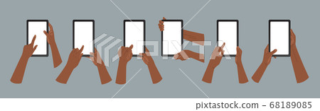 African American hands hold tablet pc in vertical and horizontal positions. African American hands holding and touching a smartphone. Vector icons, emblem. Modern flat style African American hands hold tablet pc in vertical and horizontal positions. African American hands holding and touching a smartphone. Vector icons, emblem. Modern flat style 68189085