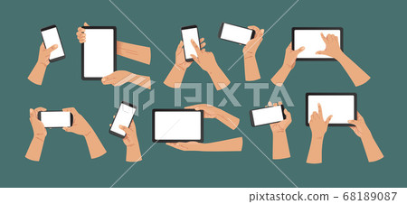 Hands hold tablet pc and smart phone in vertical and horizontal positions. White hands holding and touching electronic gadgets. Vector icons, emblem. Modern flat style Hands hold tablet pc and smart phone in vertical and horizontal positions. White hands holding and touching electronic gadgets. Vector icons, emblem. Modern flat style 68189087