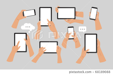 Hands hold tablet pc and smart phone in vertical and horizontal positions. White hands holding and touching electronic gadgets. Vector icons, emblem. Modern flat style Hands hold tablet pc and smart phone in vertical and horizontal positions. White hands holding and touching electronic gadgets. Vector icons, emblem. Modern flat style 68189088