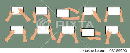Hands hold tablet pc in vertical and horizontal positions. White hands holding and touching electronic gadgets. Vector icons, emblem. Modern flat style Hands hold tablet pc in vertical and horizontal positions. White hands holding and touching electronic gadgets. Vector icons, emblem. Modern flat style 68189090