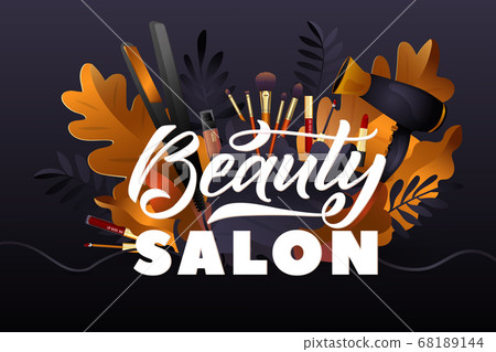 Beauty Salon. Colorful Makeup and Hair Style decorative illustration with haircut accessories and Make-up equipment with big white letters. Realistic Poster. Beauty Salon. Colorful Makeup and Hair Style decorative illustration with haircut accessories and Make-up equipment with big white letters. Realistic Poster. 68189144