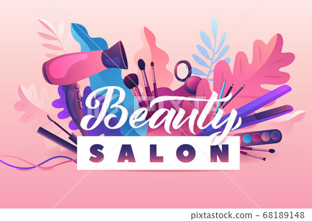 Beauty Salon. Colorful Makeup and Hair Style decorative illustration with haircut accessories and Make-up equipment with big white letters. Realistic Poster. Vector Illustration Pink Colors 68189148