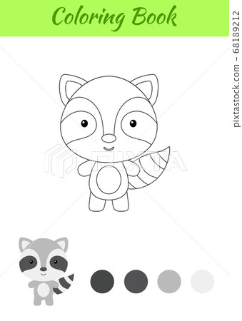 Coloring page happy little baby raccoon. Printable coloring book for kids. Educational activity for kindergarten and preschool with cute animal. 68189212