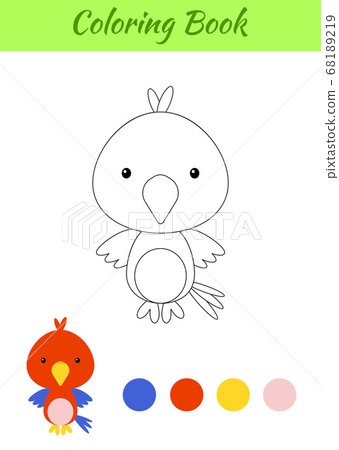 Coloring page happy little baby parrot. Printable coloring book for kids. Educational activity for kindergarten and preschool with cute animal. 68189219