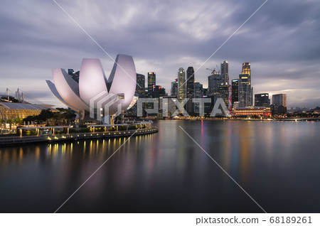 Singapore Downtown Skyline with Artscience Museum duing sunset Singapore Downtown Skyline with Artscience Museum duing sunset 68189261