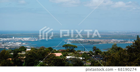 Pearl Harbor seen from the top of a hill in Hawaii 68190274