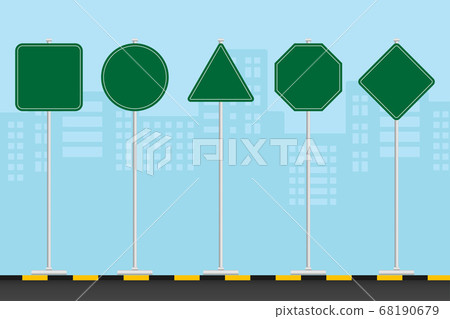 Set of signs road is located along the road amidst the vast capital city. Green traffic signs. Set of signs road is located along the road amidst the vast capital city. Green traffic signs. 68190679