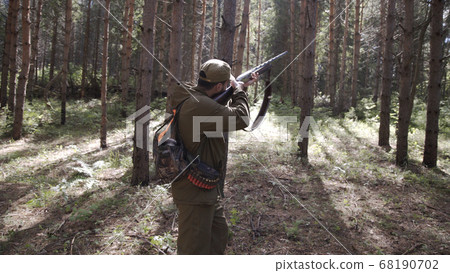 Man takes aim while standing from hunting rifle. Man in comfortable camouflage clothes hunter outdoor in forest hunting alone. Hunter in camouflage aims gun at object in forest during sunset. Man takes aim while standing from hunting rifle. Man in comfortable camouflage clothes hunter outdoor in forest hunting alone. Hunter in camouflage aims gun at object in forest during sunset. 68190702