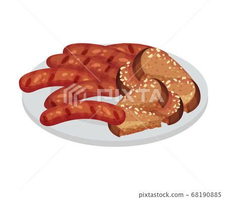 Festive Food for Oktoberfest Celebration with Grilled Sausages and Bread Slices Rested on Plate Vector Illustration 68190885