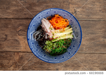 Top view on cold japanese hiyashi chuka ramen Top view on cold japanese hiyashi chuka ramen 68190888