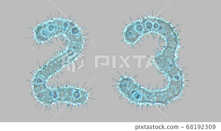 Alphabet made of virus isolated on gray background. Set of numbers 2, 3. 3d rendering. Covid font 68192309