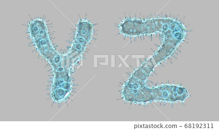Set of letters made of virus isolated on gray background. Capital letter Y, Z. 3d rendering. Covid font 68192311