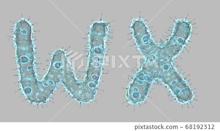 Set of letters made of virus isolated on gray background. Capital letter W, X. 3d rendering. Covid font Set of letters made of virus isolated on gray background. Capital letter W, X. 3d rendering. Covid font 68192312