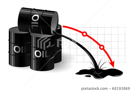 The chart of the fall in the oil price. Black liquid pouring out of the barrel. Very low fuel price. 68193869