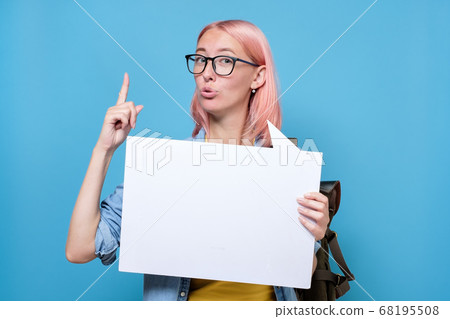 Woman showing sign speech bubble banner pointing up Woman showing sign speech bubble banner pointing up 68195508