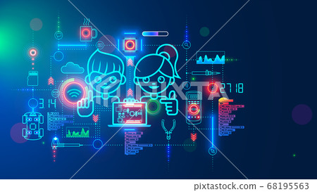 Electronics engineering and hardware programming learning for teens. Boy and Girl coding on laptop in online school for child education of creating electronic robots. Happy kids on science lesson. 68195563