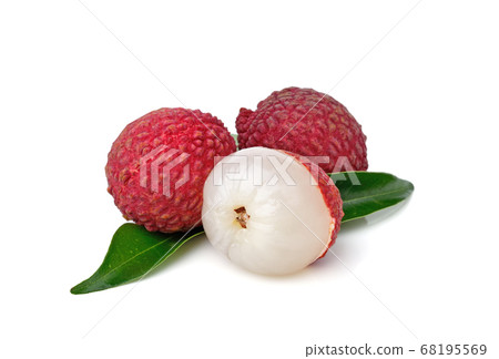Lychee with leaves isolated on white background Lychee with leaves isolated on white background 68195569