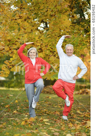 Happy senior couple doing exercises in autumnal park Happy senior couple doing exercises in autumnal park 68198482