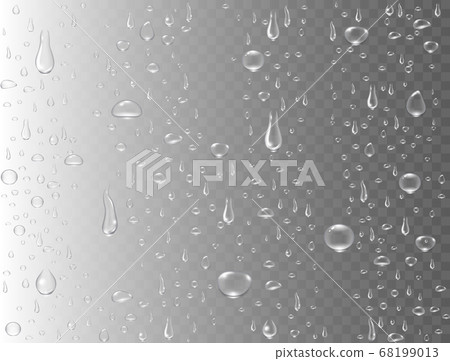 Realistic water drops on transparent background. Rain drops or steam shower. Condensed pure droplets. Clear vapor bubbles on window glass surface. Vector illustration Realistic water drops on transparent background. Rain drops or steam shower. Condensed pure droplets. Clear vapor bubbles on window glass surface. Vector illustration 68199013