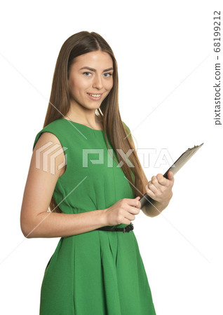 Beautiful woman with clipboard on white background 68199212