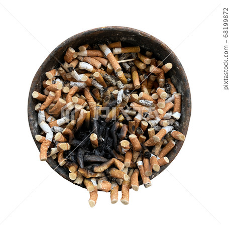 old rusty ashtray with cigarette butts on a white isolated background old rusty ashtray with cigarette butts on a white isolated background 68199872