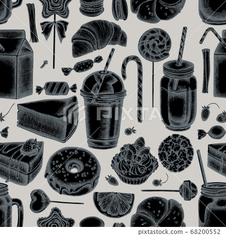 Seamless pattern with hand drawn stylized cinnamon, macaron, lollipop, bar, candies, oranges, buns and bread, croissants and bread, strawberry, milk boxes, smoothie cup, lollipop, smothie jars Seamless pattern with hand drawn stylized cinnamon, macaron, lollipop, bar, candies, oranges, buns and bread, croissants and bread, strawberry, milk boxes, smoothie cup, lollipop, smothie jars 68200552