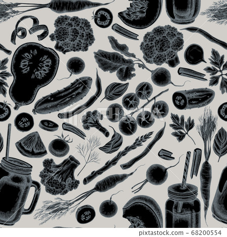 Seamless pattern with hand drawn stylized lemons, broccoli, radish, green beans, cherry tomatoes, beet, greenery, carrot, basil, pumpkin, smoothie cup, smothie jars, cucumber, celery 68200554