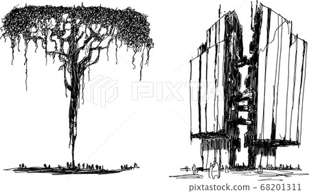 two hand drawn artistic pen sketches of modern high futuristic buildings and tall treelike structure with people around two hand drawn artistic pen sketches of modern high futuristic buildings and tall treelike structure with people around 68201311