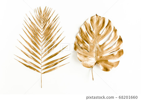 Gold tropical palm leaves Monstera on white background. Flat lay, top view minimal concept. Gold tropical palm leaves Monstera on white background. Flat lay, top view minimal concept. 68201660