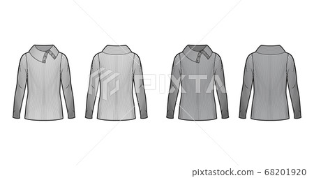 Wide button-up turtleneck ribbed-knit sweater technical fashion illustration with long sleeves, oversized body.  68201920