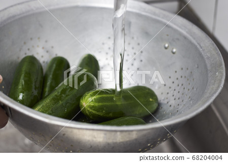 Woman washing freshly picked organic cucumbers in colander 68204004