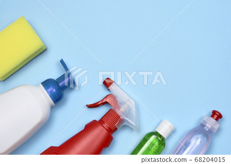 Cleaning and hygiene products on blue Cleaning and hygiene products on blue 68204015
