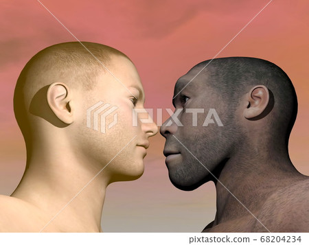 Modern human and homo erectus - 3D render 68204234